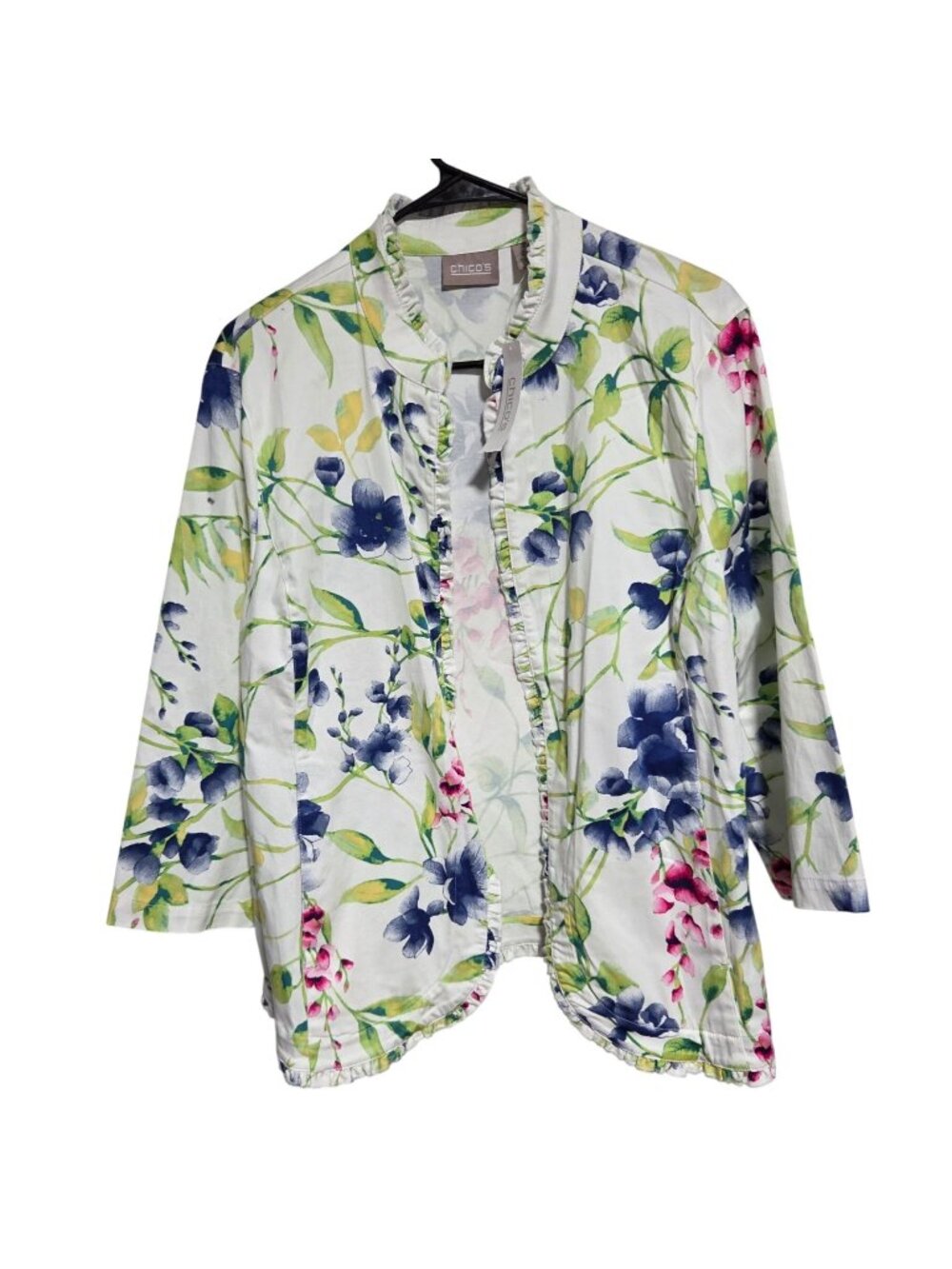 Chicos Anisa Sateen Jacket Size XL Floral Print Ruffled Trim White Multicolor